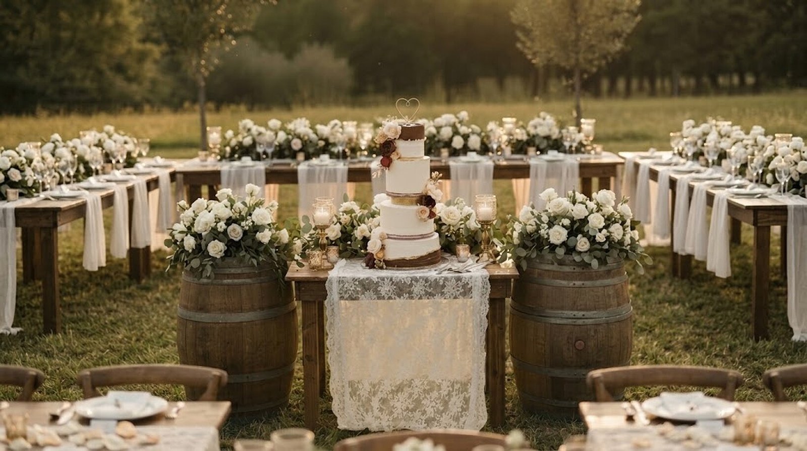 A Ritalicious wedding cake at a golden hour reception
