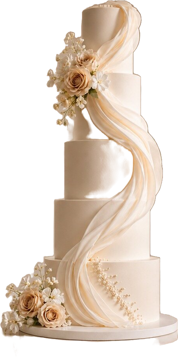 Draped ivory wedding cake with sugar roses on a marble table